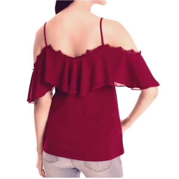 Size Small White House Black Market Dark Red Cold-Shoulder Lace Trim Top Blouse - Picture 2 of 8